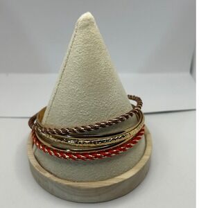 Bangle Bracelet Set Women Size 8.25-8.5Gold Red Brown Gold tone Cord Metal 5pc